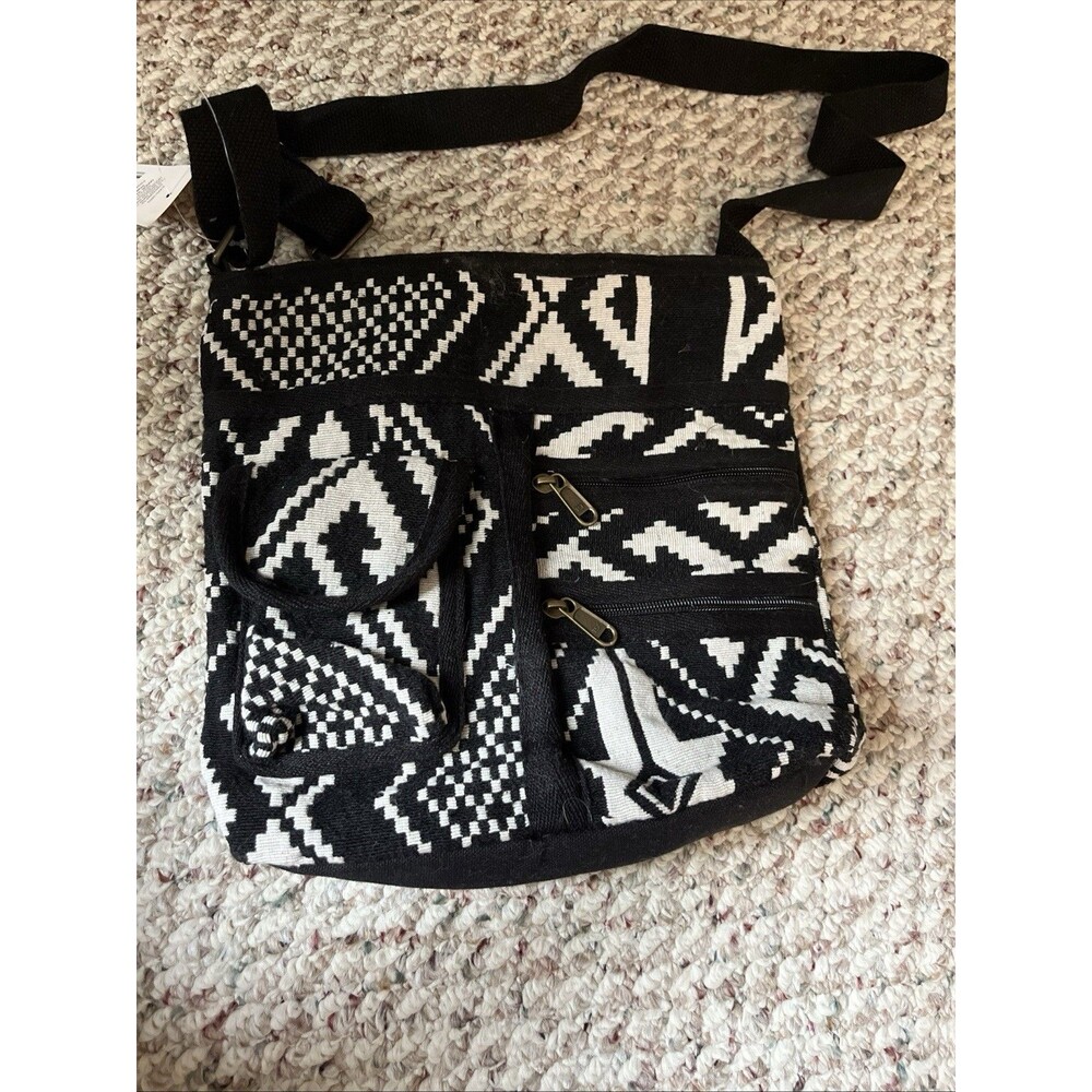 Aztek Print Crossbody Purse Bag Black & White With Pockets Adjustable Strap
